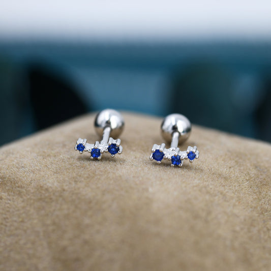 Tiny Sapphire Blue CZ Trio Screw Back Earrings in Sterling Silver, Silver or Gold, Tiny Three Star CZ Barbell Earrings, Stacking Earrings