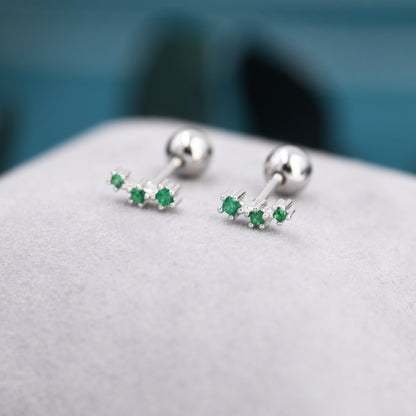 Tiny Emerald Green CZ Trio Screw Back Earrings in Sterling Silver, Silver or Gold, Tiny Three Star CZ Barbell Earrings, Stacking Earrings