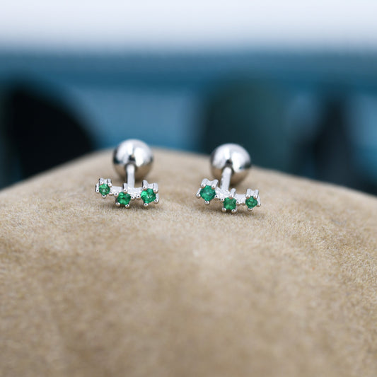 Tiny Emerald Green CZ Trio Screw Back Earrings in Sterling Silver, Silver or Gold, Tiny Three Star CZ Barbell Earrings, Stacking Earrings