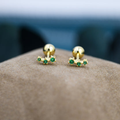 Tiny Emerald Green CZ Trio Screw Back Earrings in Sterling Silver, Silver or Gold, Tiny Three Star CZ Barbell Earrings, Stacking Earrings