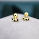Tiny Black CZ Trio Screw Back Earrings in Sterling Silver, Silver or Gold, Tiny Three Star CZ Barbell Earrings, Stacking Earrings
