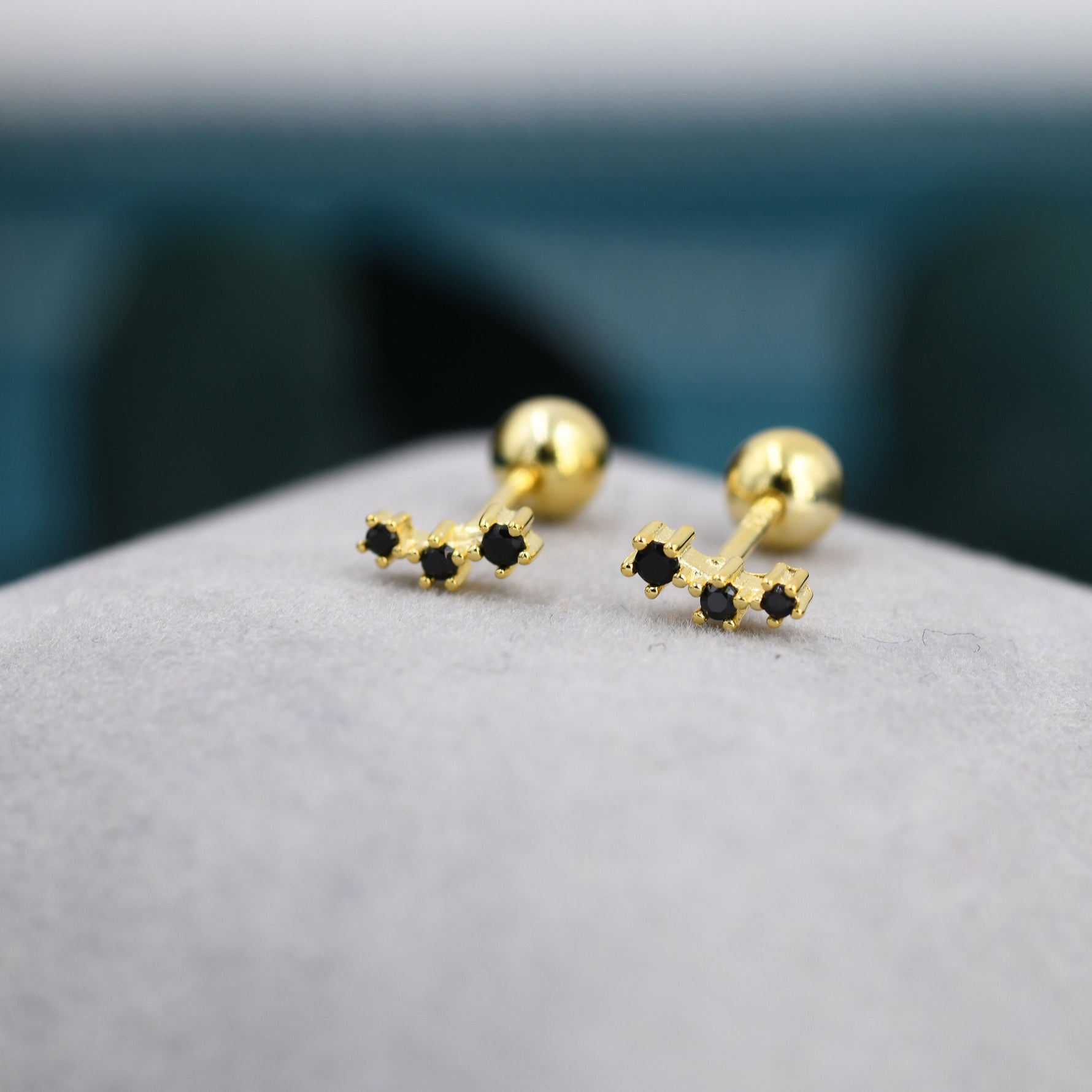 Tiny Black CZ Trio Screw Back Earrings in Sterling Silver, Silver or Gold, Tiny Three Star CZ Barbell Earrings, Stacking Earrings