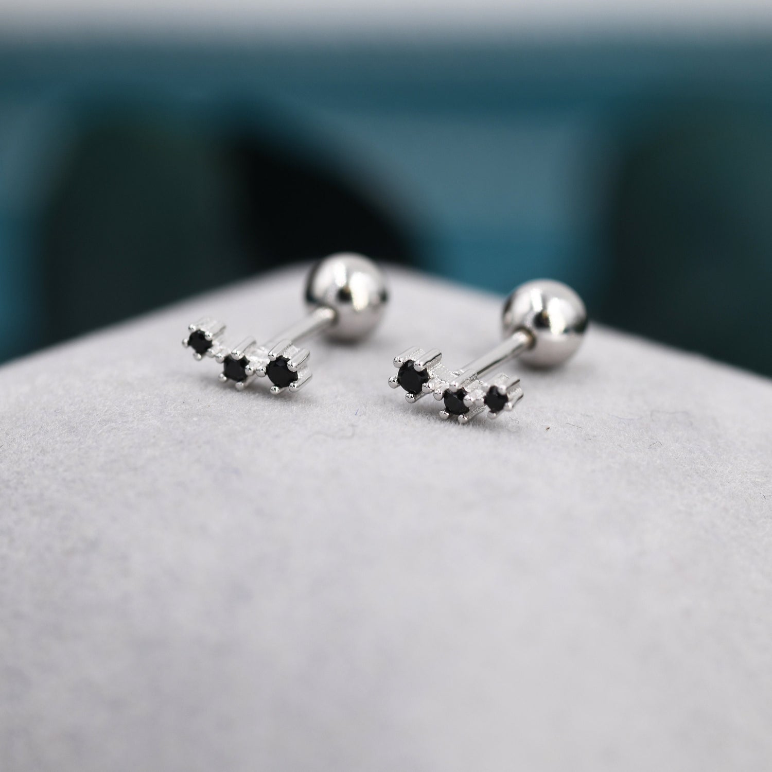 Tiny Black CZ Trio Screw Back Earrings in Sterling Silver, Silver or Gold, Tiny Three Star CZ Barbell Earrings, Stacking Earrings