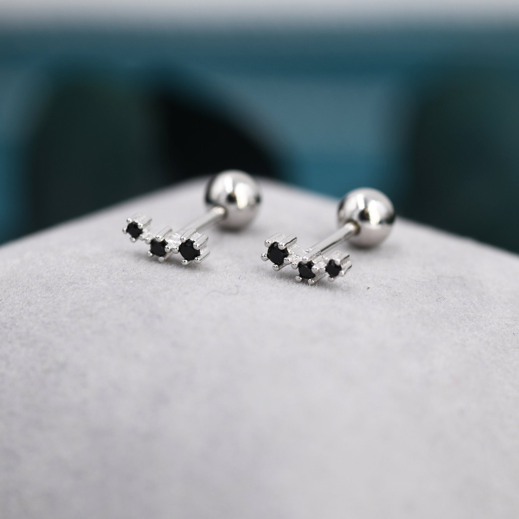 Tiny Black CZ Trio Screw Back Earrings in Sterling Silver, Silver or Gold, Tiny Three Star CZ Barbell Earrings, Stacking Earrings