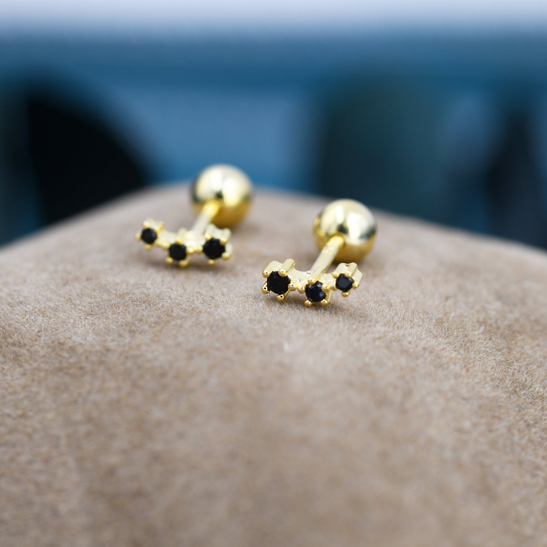 Tiny Black CZ Trio Screw Back Earrings in Sterling Silver, Silver or Gold, Tiny Three Star CZ Barbell Earrings, Stacking Earrings