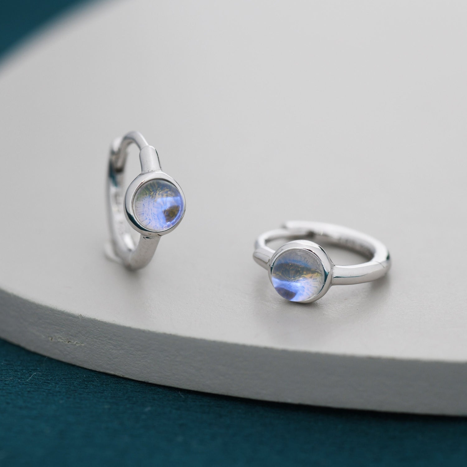 Moonstone Huggie Hoop Earrings in Sterling Silver, Silver or Gold, Tiny Moonstone Hoops, Moonstone Hoops, Simulated Moonstone Hoops