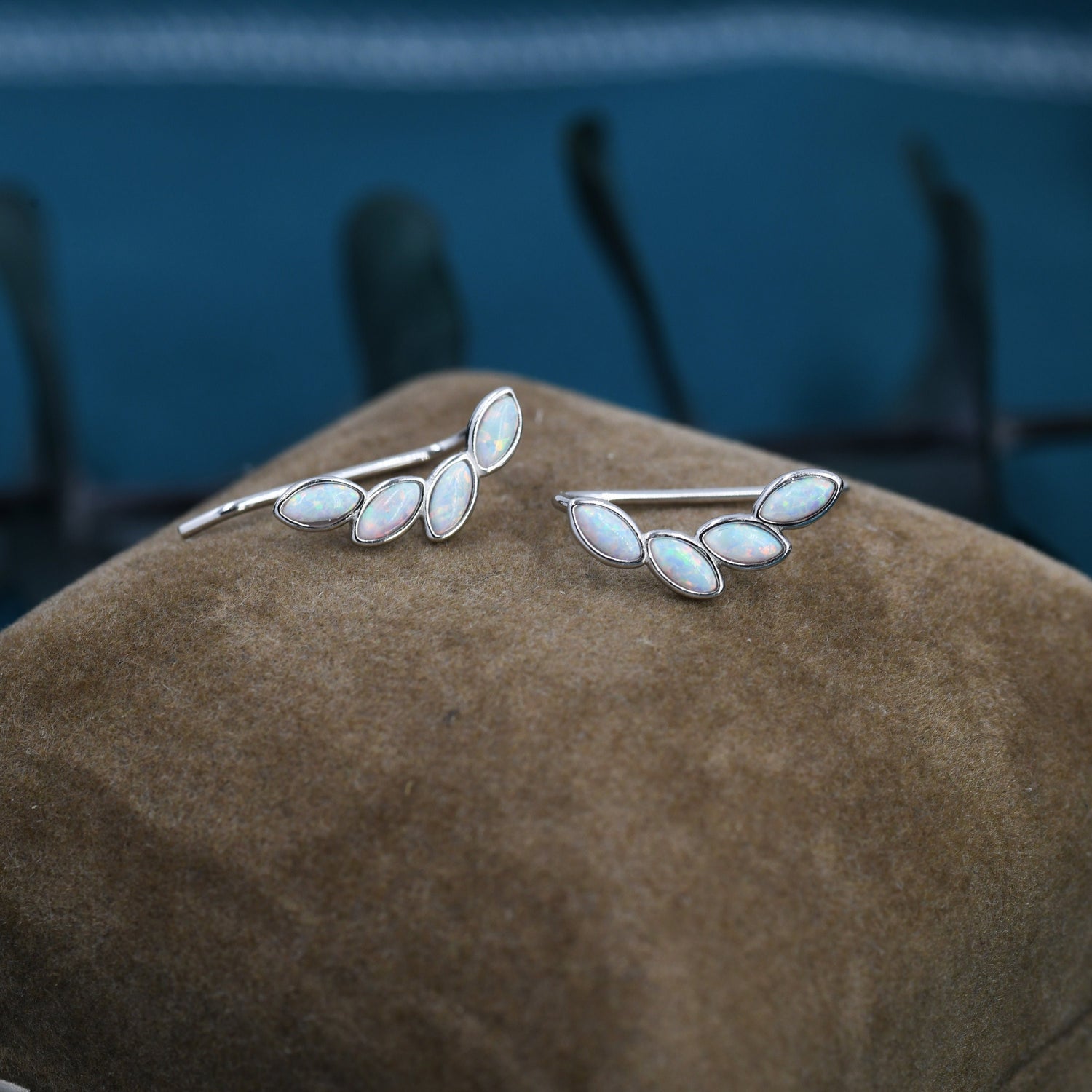 White Opal Marquise Crawler Earrings in Sterling Silver, Marquise Cluster Ear Climbers, Silver, Gold or Rose Gold, Lab Opal Earrings
