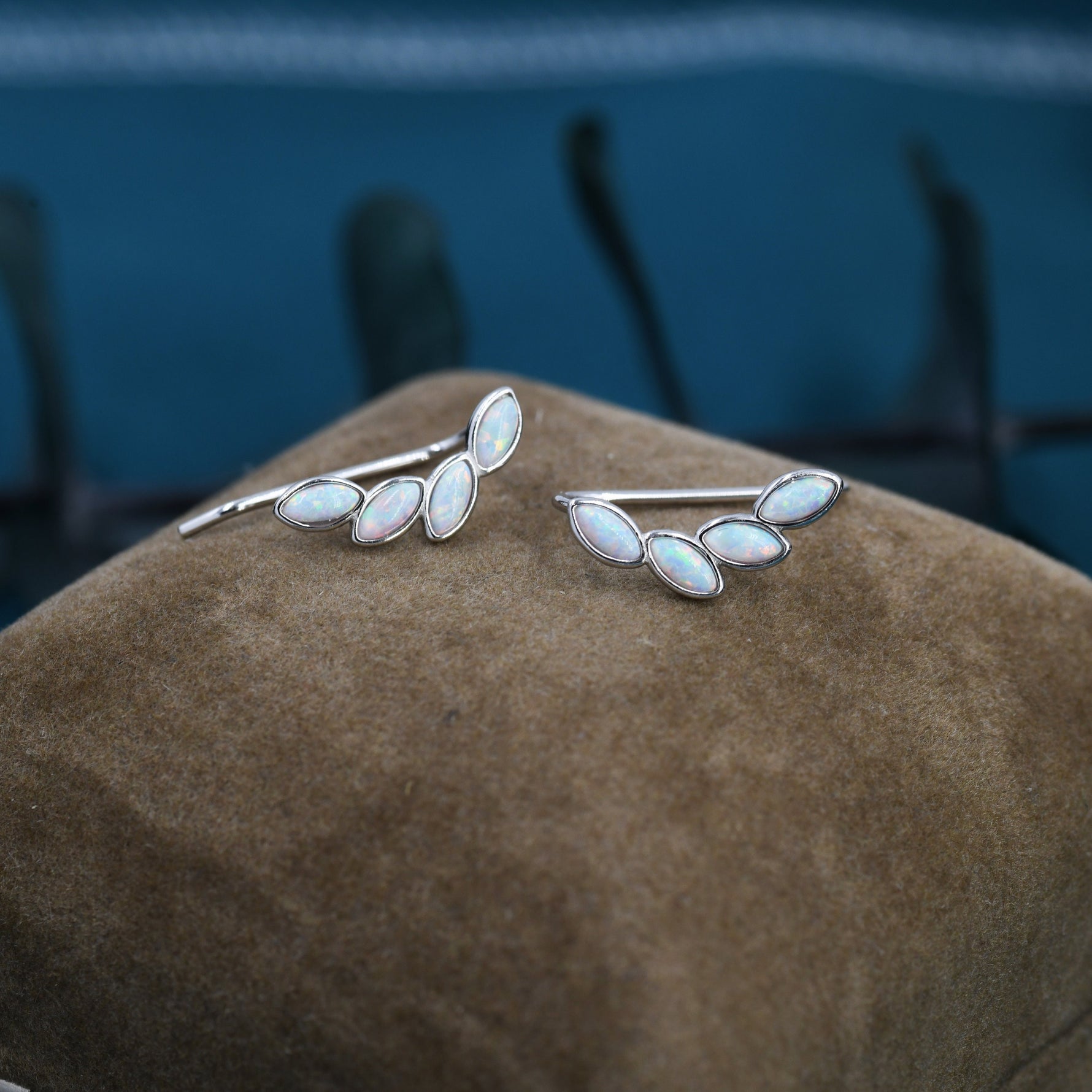 White Opal Marquise Crawler Earrings in Sterling Silver, Marquise Cluster Ear Climbers, Silver, Gold or Rose Gold, Lab Opal Earrings
