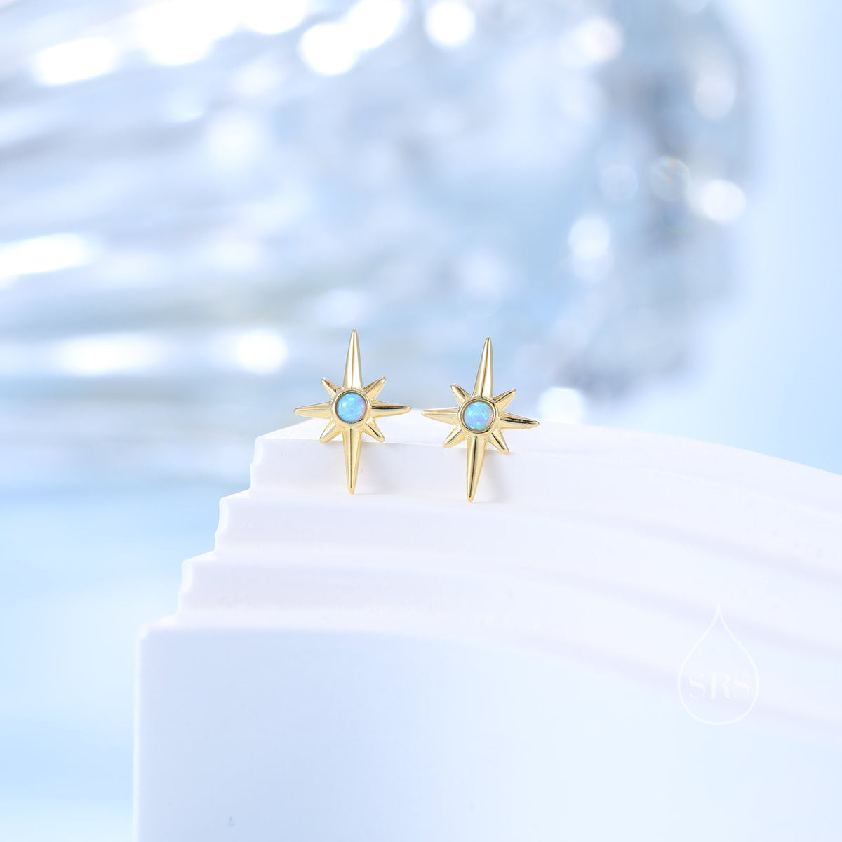Opal Starburst Stud Earrings in Sterling Silver, North Star Earrings with Blue Opal, Silver or Gold, Sunburst Earrings