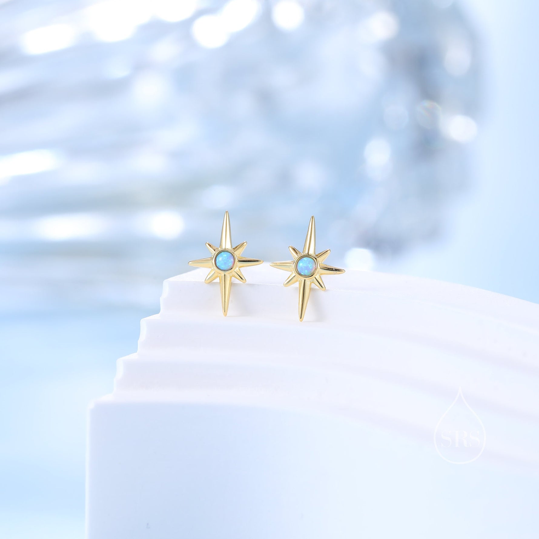 Opal Starburst Stud Earrings in Sterling Silver, North Star Earrings with Blue Opal, Silver or Gold, Sunburst Earrings