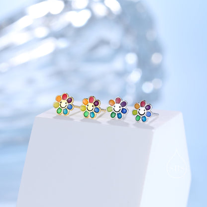 Sterling Silver Rainbow Flower 16G Flat Back Earrings Internally Threaded