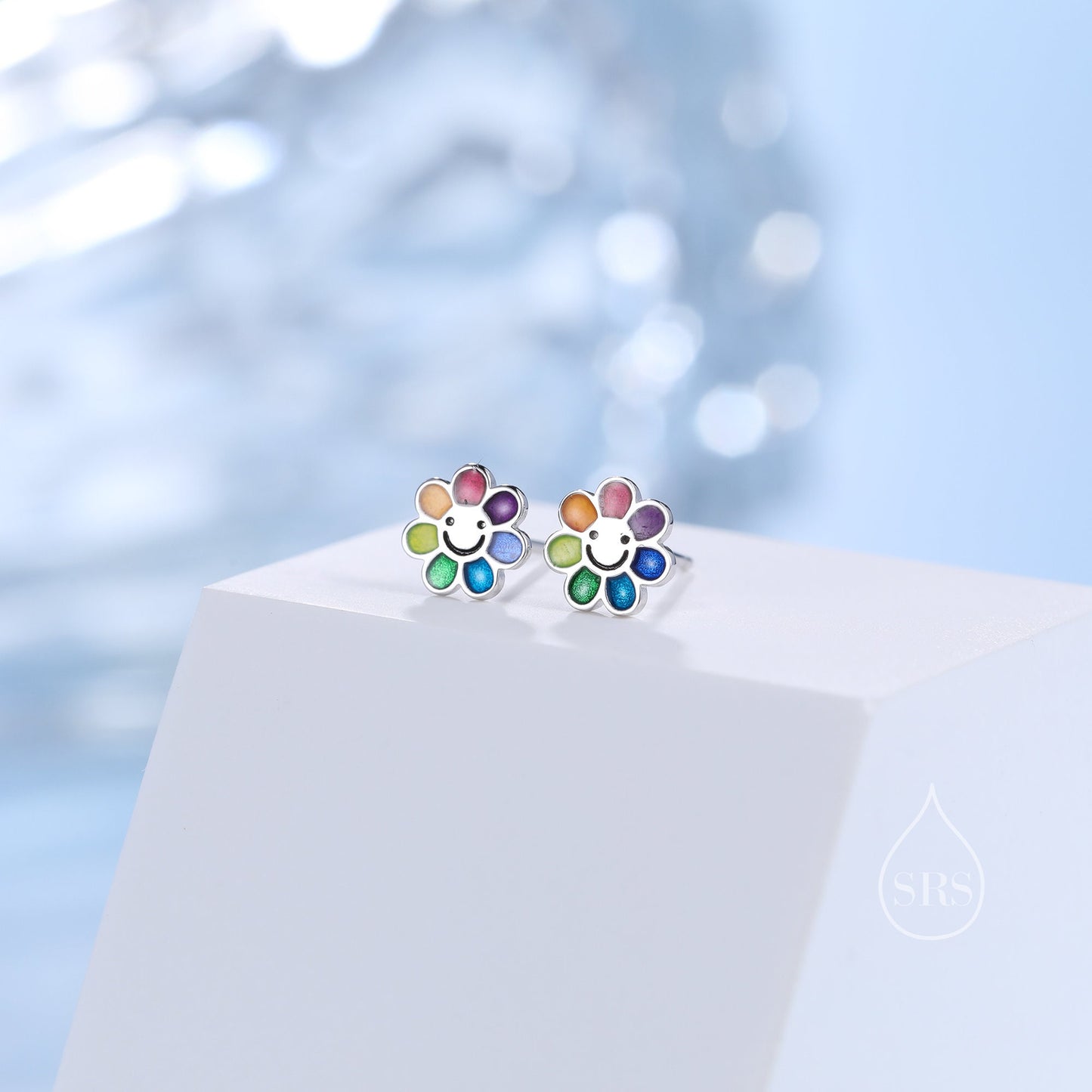 Enamel Smiling Flower Stud Earrings in Sterling Silver, Silver Rainbow Flower Earrings, Multi Colour Flower Stud in Sterling Silver