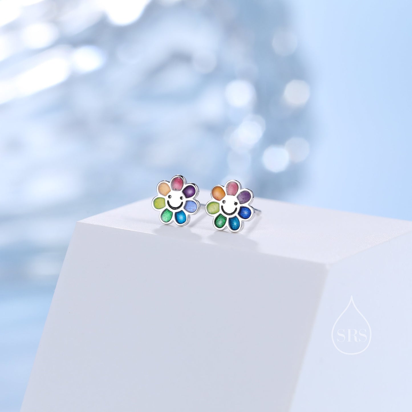 Enamel Smiling Flower Stud Earrings in Sterling Silver,  Silver Rainbow Flower Earrings, Multi Colour Flower Stud in Sterling Silver