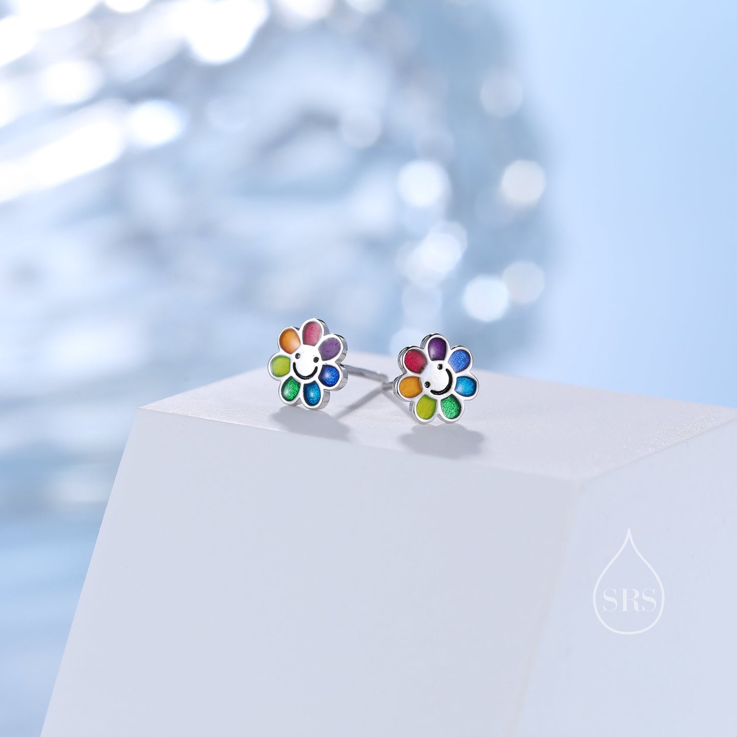 Enamel Smiling Flower Stud Earrings in Sterling Silver,  Silver Rainbow Flower Earrings, Multi Colour Flower Stud in Sterling Silver