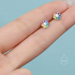 Enamel Smiling Flower Stud Earrings in Sterling Silver, Silver Rainbow Flower Earrings, Multi Colour Flower Stud in Sterling Silver