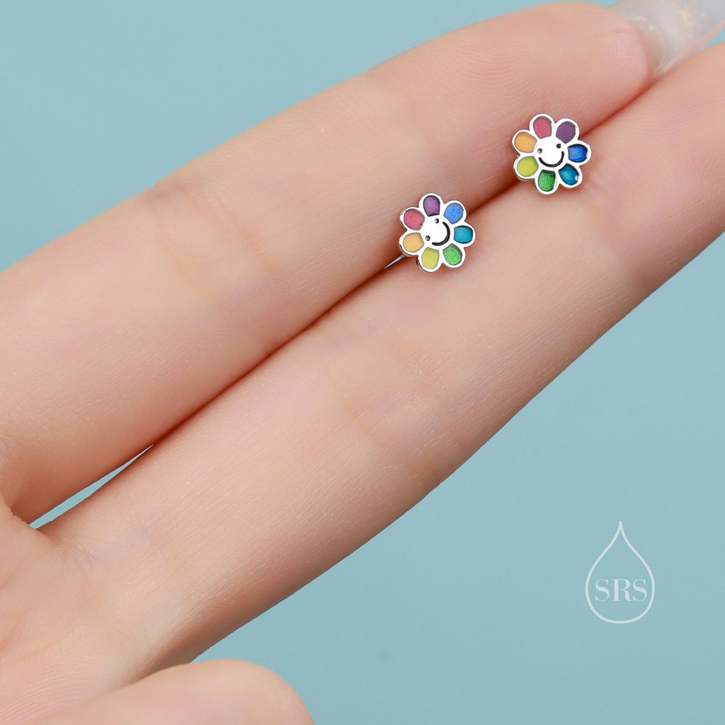 Enamel Smiling Flower Stud Earrings in Sterling Silver,  Silver Rainbow Flower Earrings, Multi Colour Flower Stud in Sterling Silver