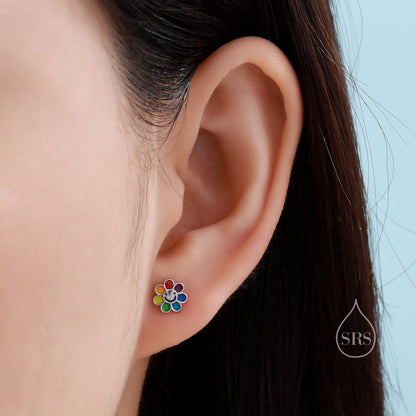 Enamel Smiling Flower Stud Earrings in Sterling Silver,  Silver Rainbow Flower Earrings, Multi Colour Flower Stud in Sterling Silver