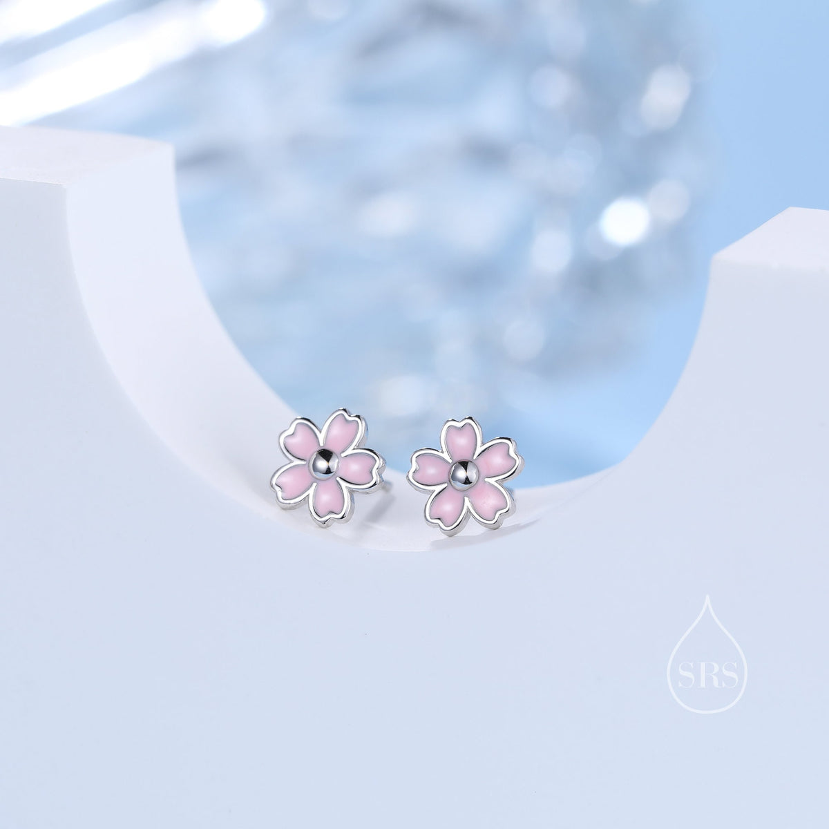 Enamel Cherry Blossom Stud Earrings in Sterling Silver, Pink Cherry Blossom Flower Earrings