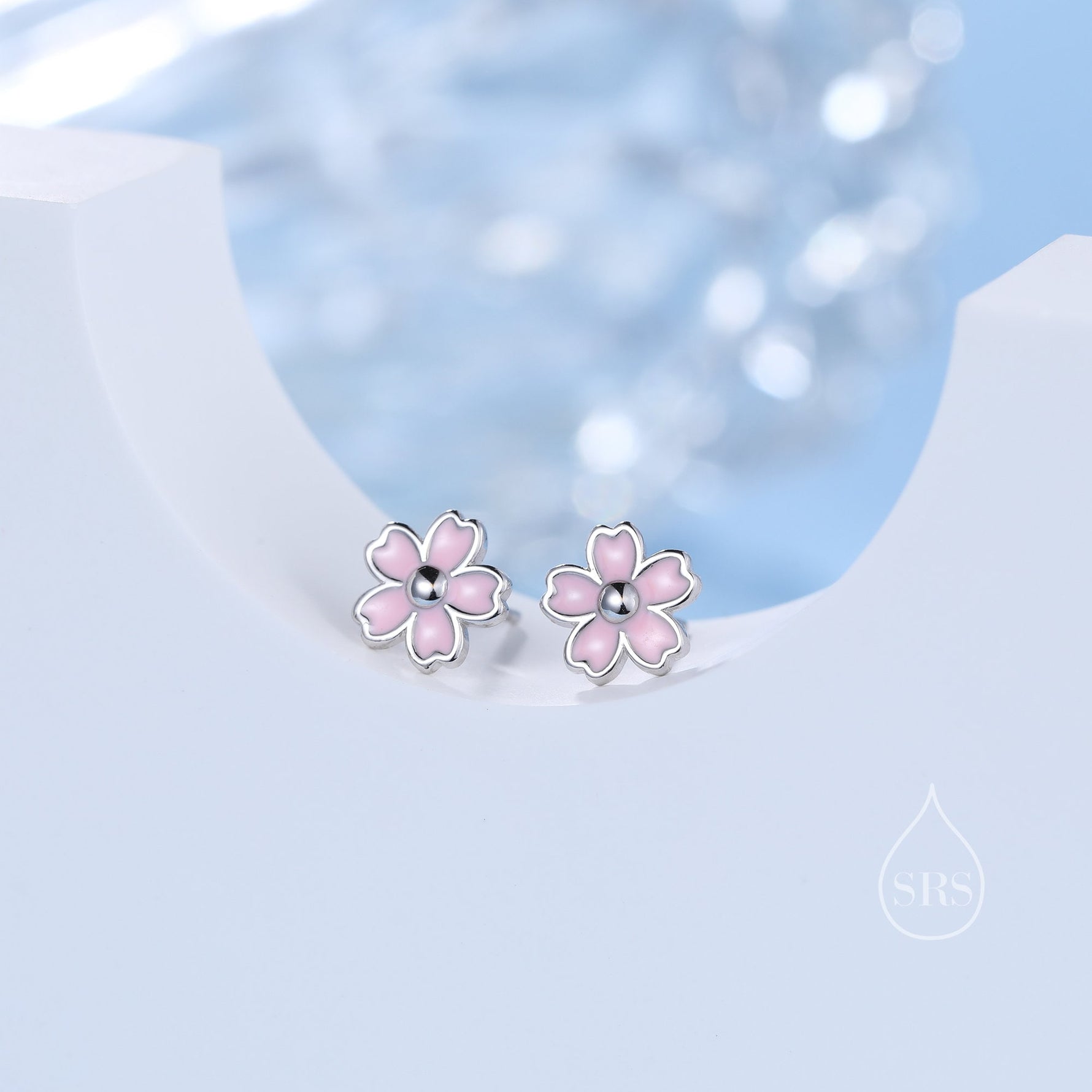 Enamel Cherry Blossom Stud Earrings in Sterling Silver, Pink Cherry Blossom Flower Earrings