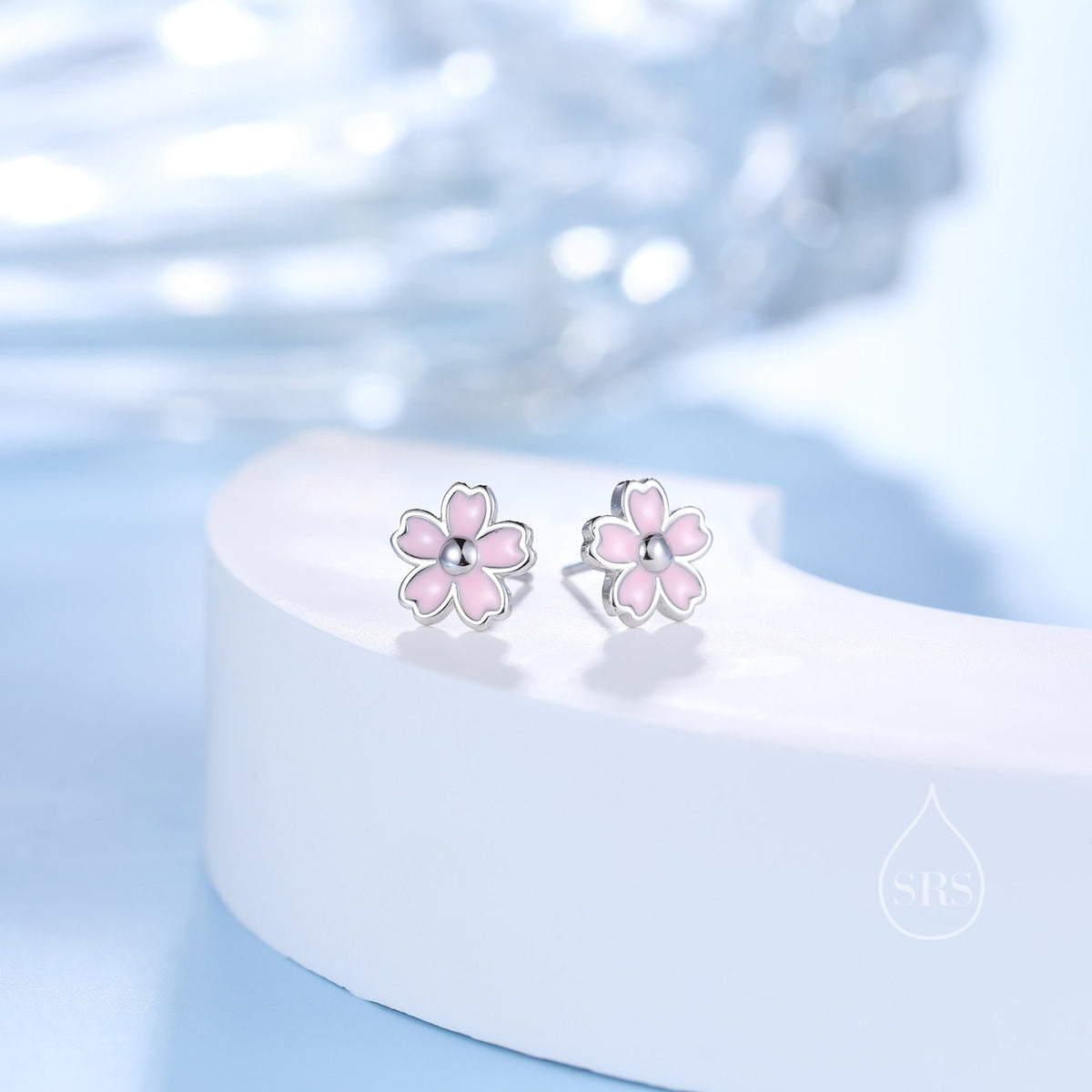 Enamel Cherry Blossom Stud Earrings in Sterling Silver, Pink Cherry Blossom Flower Earrings