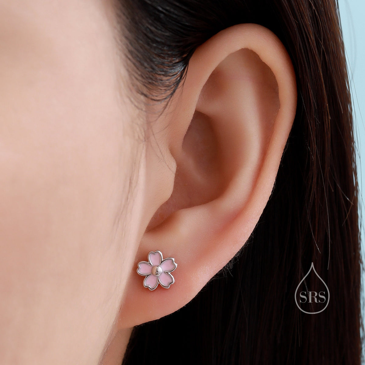Enamel Cherry Blossom Stud Earrings in Sterling Silver, Pink Cherry Blossom Flower Earrings