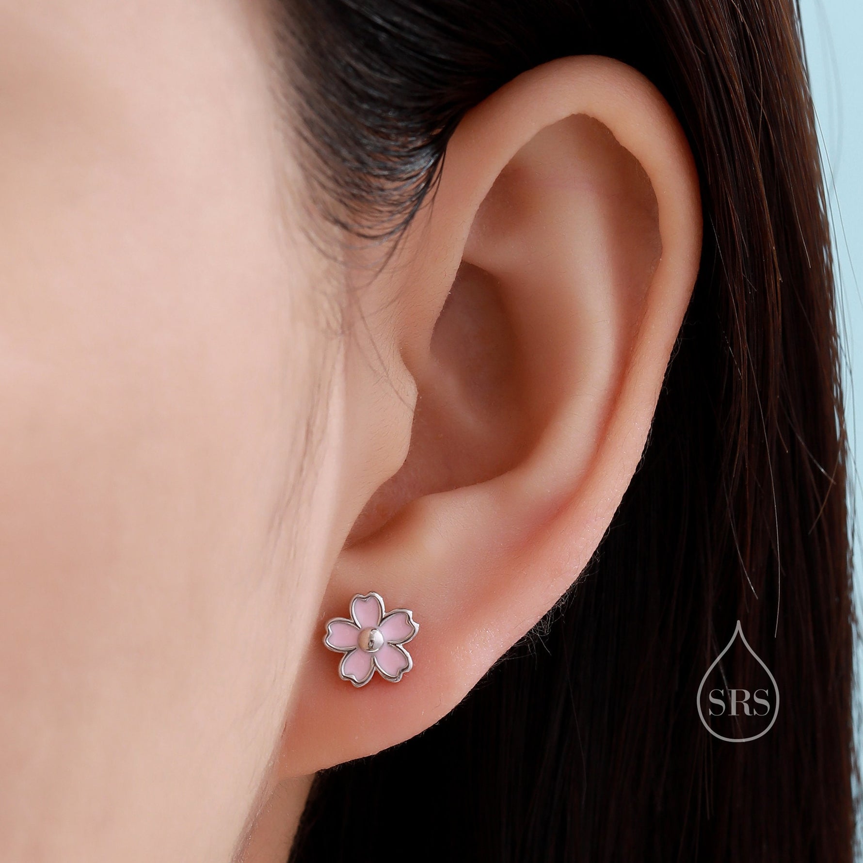 Enamel Cherry Blossom Stud Earrings in Sterling Silver, Pink Cherry Blossom Flower Earrings