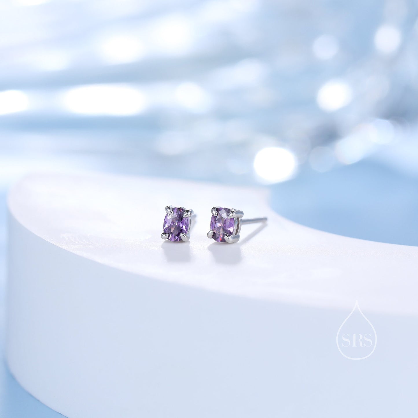 Very Tiny Amethyst Purple Oval CZ Stud Earrings in Sterling Silver,  Silver or Gold, Oval Cut Crystal Earrings, February Birthstone