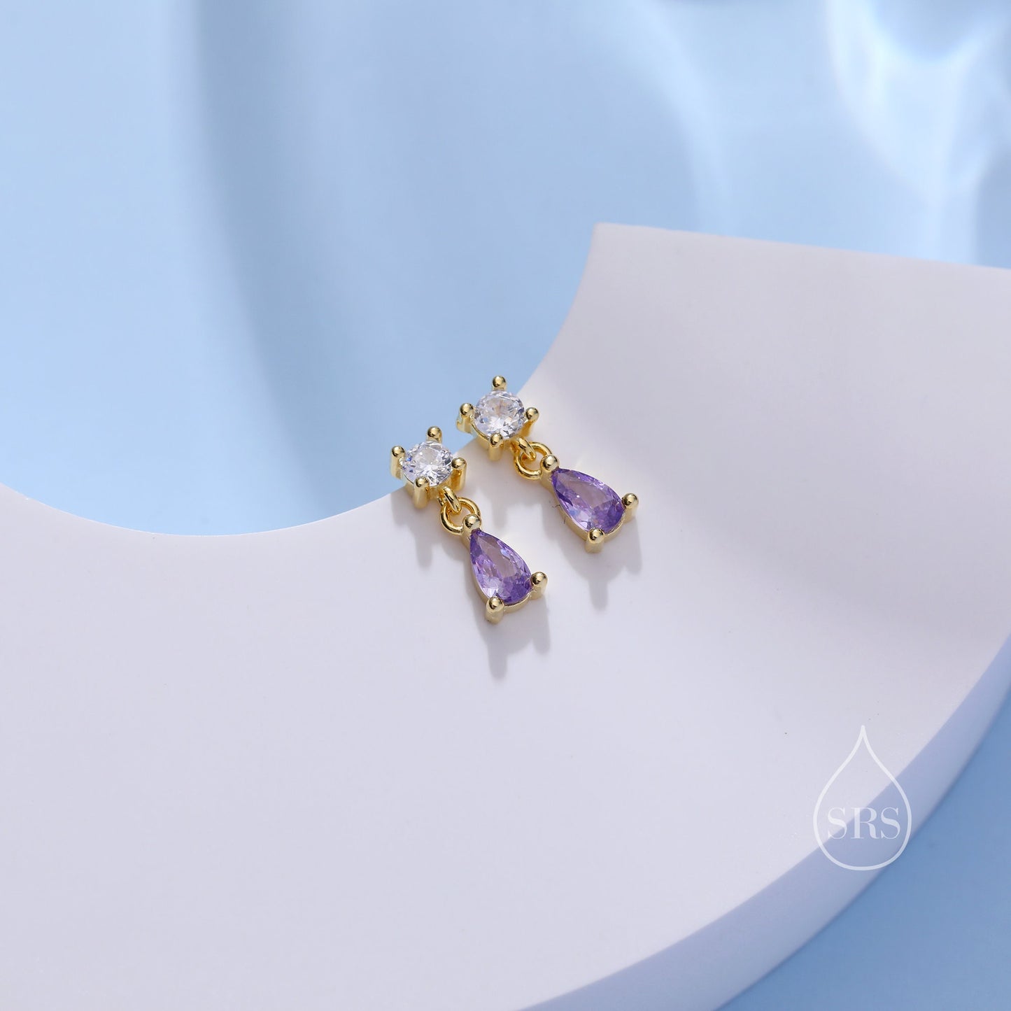 Tiny Amethyst Purple CZ Dangle Stud Earrings in Sterling Silver with Round and Droplet CZ, Silver or Gold, Two CZ Prong Set Earrings