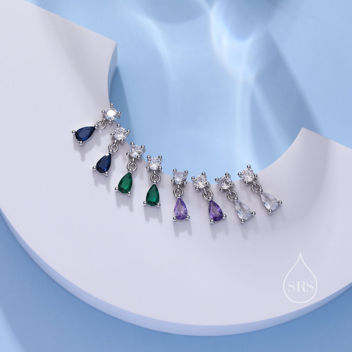 Tiny Sapphire Blue CZ Dangle Stud Earrings in Sterling Silver with Round and Droplet CZ, Silver or Gold, Two CZ Prong Set Earrings