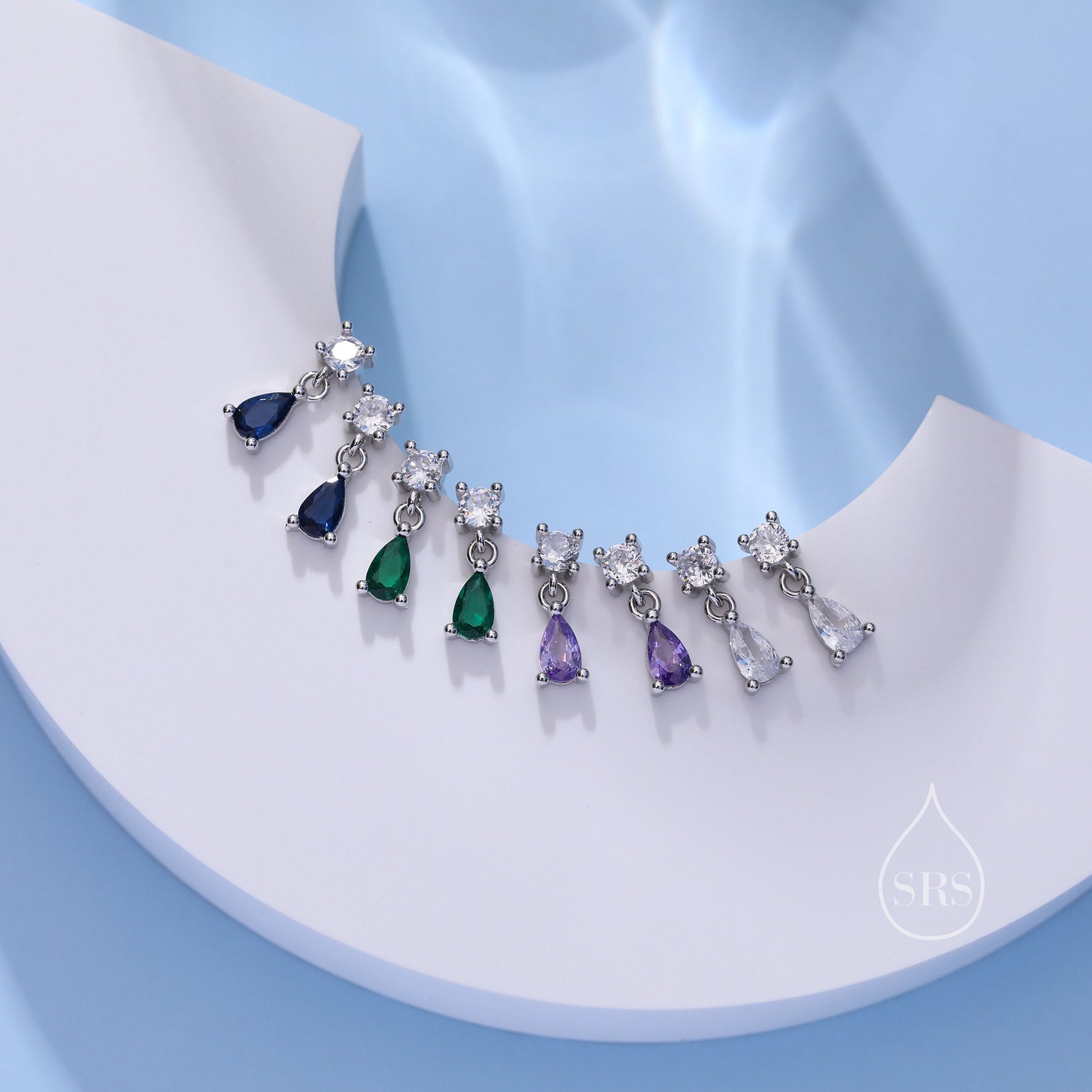 Tiny Sapphire Blue CZ Dangle Stud Earrings in Sterling Silver with Round and Droplet CZ, Silver or Gold, Two CZ Prong Set Earrings