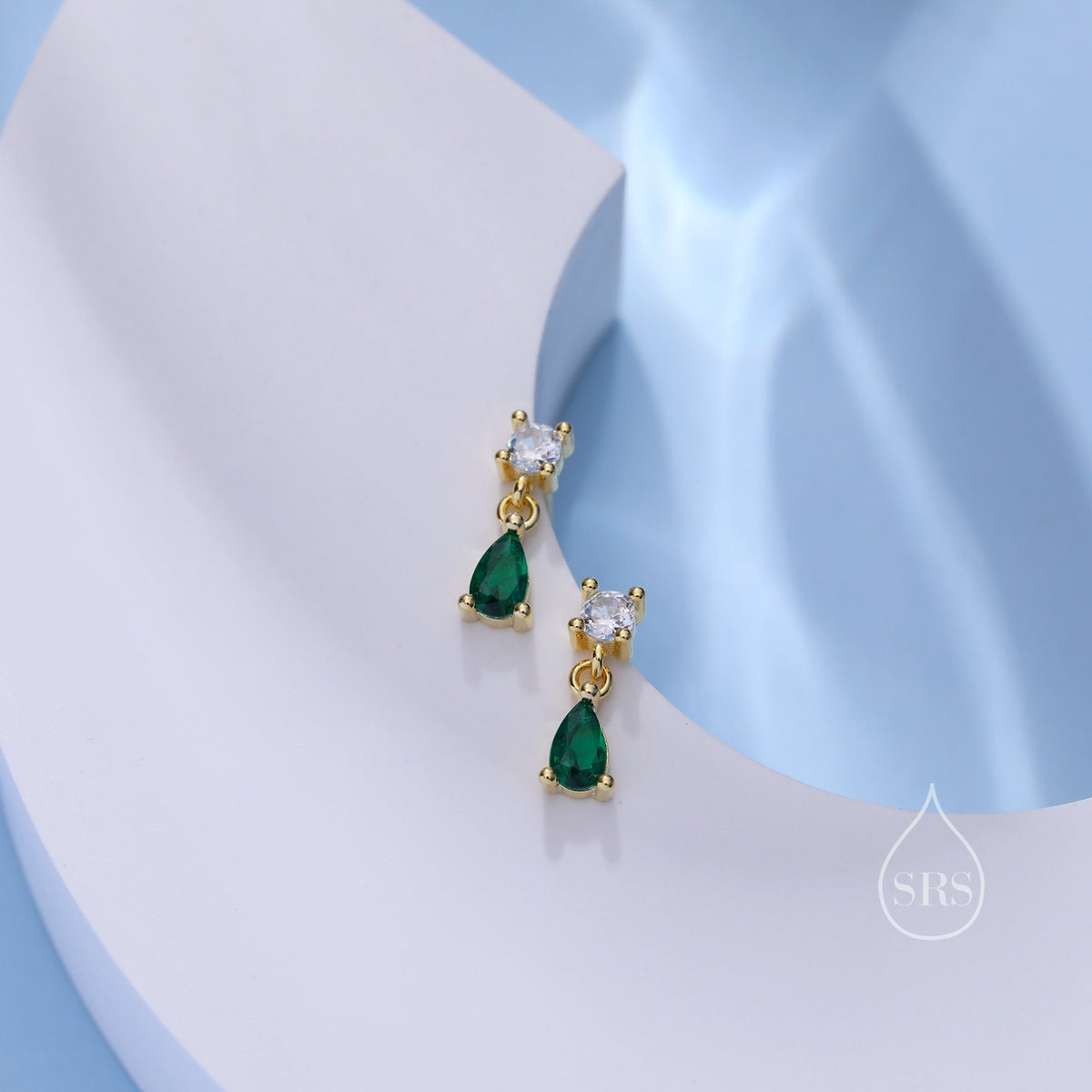 Tiny Emerald Green CZ Dangle Stud Earrings in Sterling Silver with Round and Droplet CZ, Silver or Gold, Two CZ Prong Set Earrings