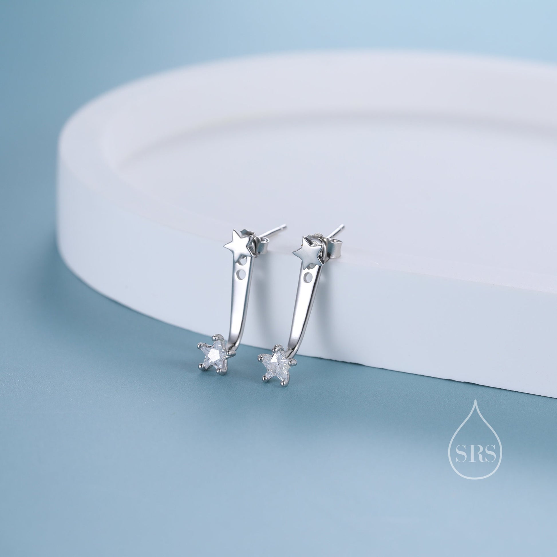 Double Star Ear Jacket in Sterling Silver, Two Star CZ Earrings in Sterling Silver, Silver, Gold or Rose Gold, Front and Back Earrings