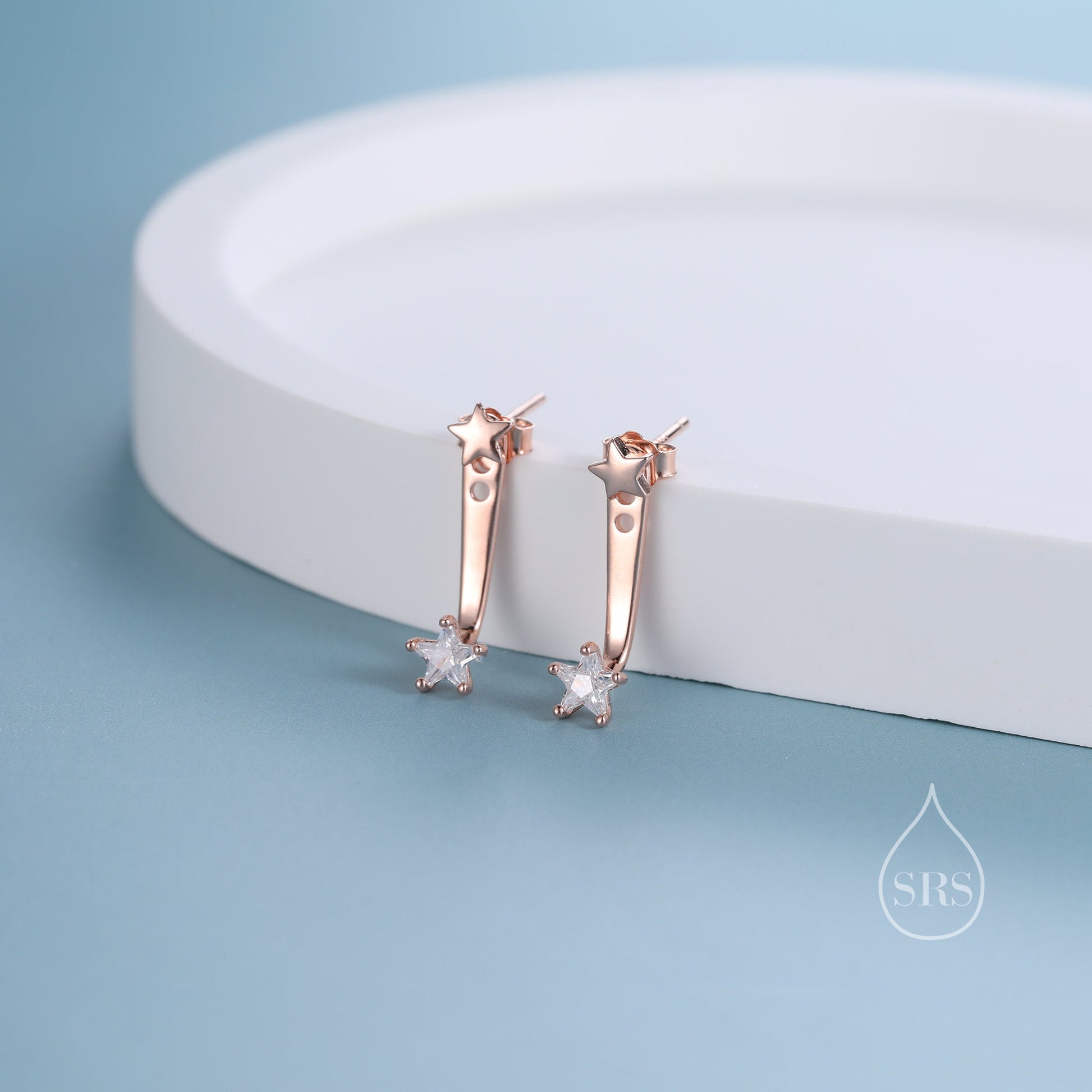 Double Star Ear Jacket in Sterling Silver, Two Star CZ Earrings in Sterling Silver, Silver, Gold or Rose Gold, Front and Back Earrings