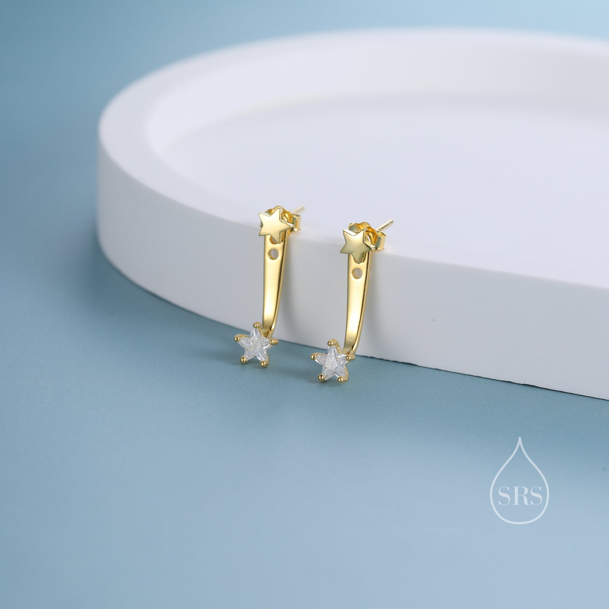 Double Star Ear Jacket in Sterling Silver, Two Star CZ Earrings in Sterling Silver, Silver, Gold or Rose Gold, Front and Back Earrings