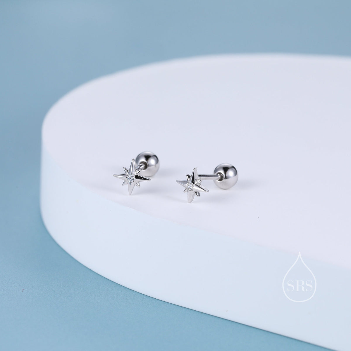Tiny CZ Starburst 18G Screw Back Earrings in Sterling Silver