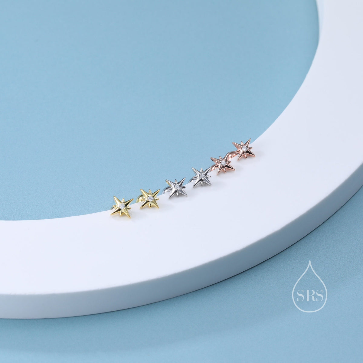 Tiny CZ Starburst 18G Screw Back Earrings in Sterling Silver