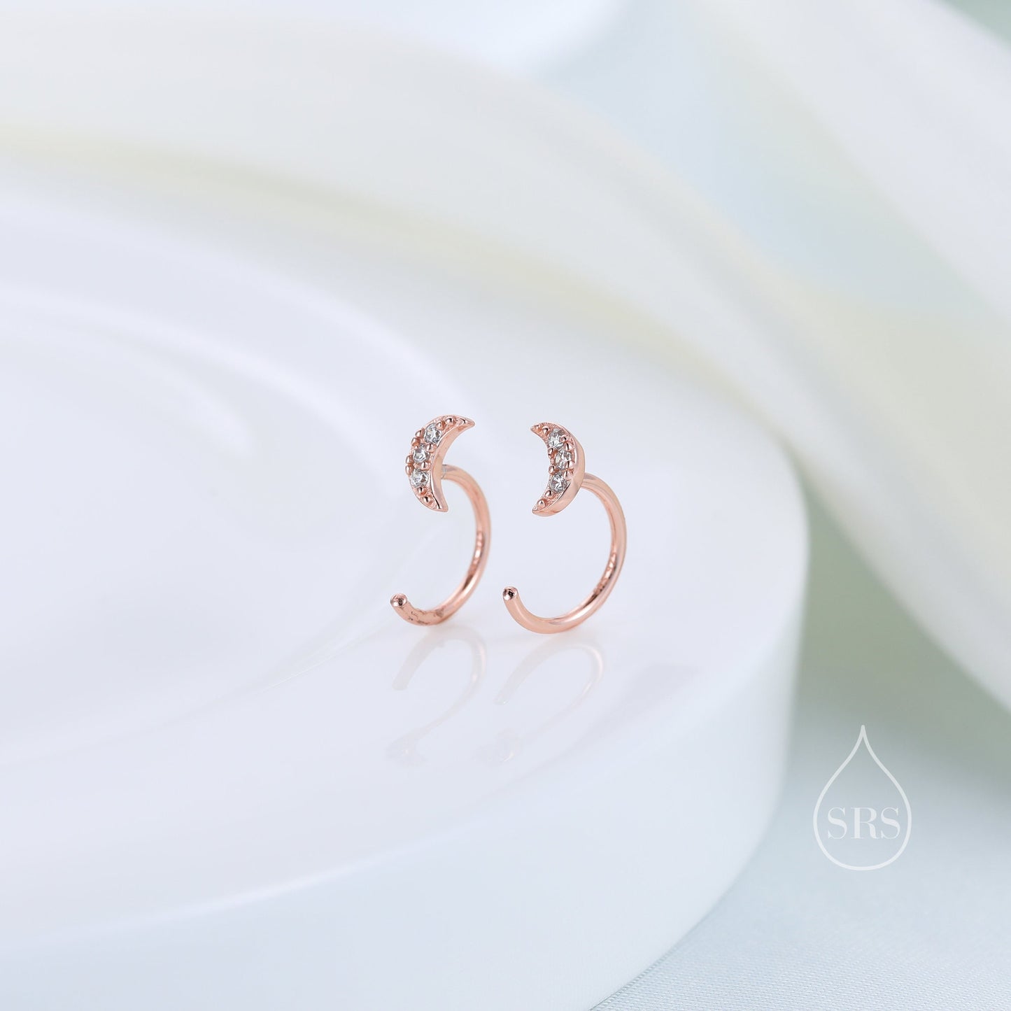 Extra Tiny CZ Moon Huggie Hoop Earrings in Sterling Silver, Silver, Gold or Rose Gold, Open Threader, Threader Hoop