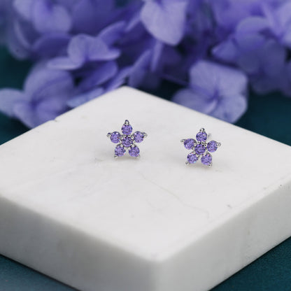 Pair Amethyst Purple CZ Flower Stud Earrings in Sterling Silver, Silver or Gold, Crystal Flower Earrings, Stacking Earrings