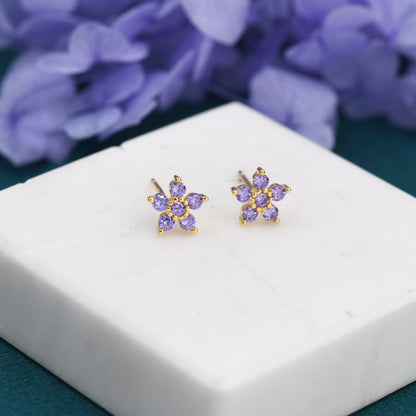 Pair Amethyst Purple CZ Flower Stud Earrings in Sterling Silver, Silver or Gold, Crystal Flower Earrings, Stacking Earrings