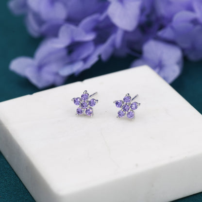 Pair Amethyst Purple CZ Flower Stud Earrings in Sterling Silver, Silver or Gold, Crystal Flower Earrings, Stacking Earrings