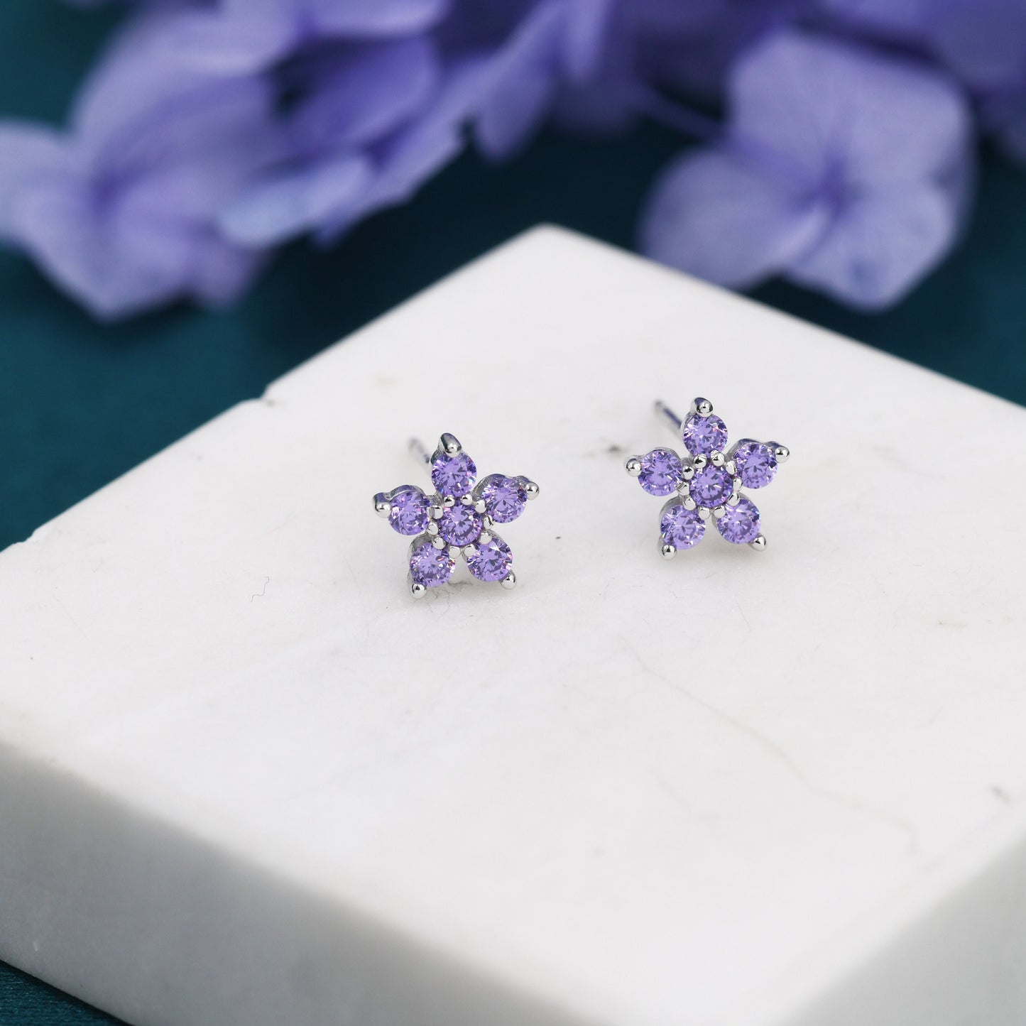 Pair Amethyst Purple CZ Flower Stud Earrings in Sterling Silver, Silver or Gold, Crystal Flower Earrings, Stacking Earrings