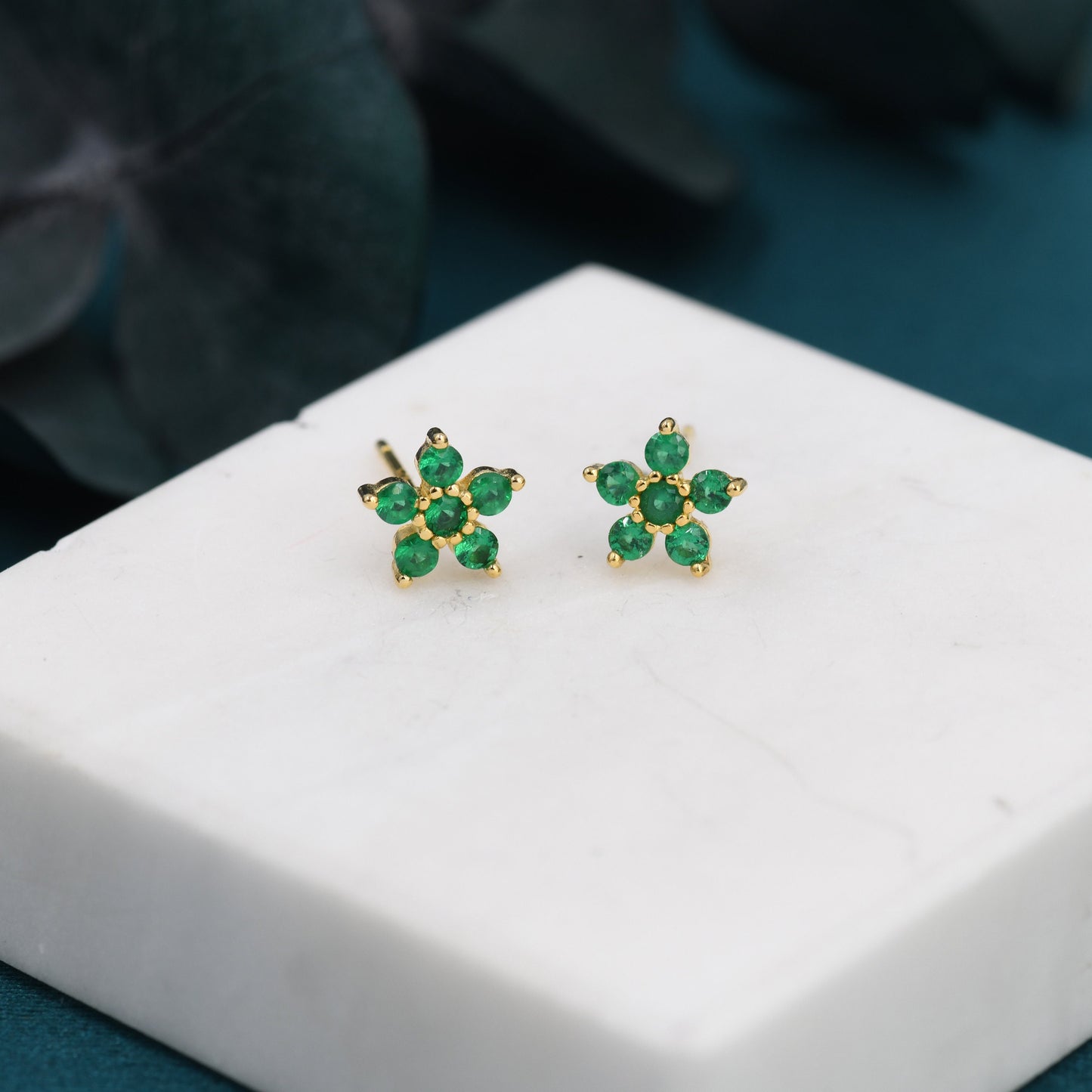 Pair of Emerald Green CZ Flower Stud Earrings in Sterling Silver, Silver or Gold, Crystal Flower Earrings, Stacking Earrings