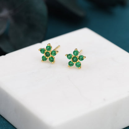 Pair of Emerald Green CZ Flower Stud Earrings in Sterling Silver, Silver or Gold, Crystal Flower Earrings, Stacking Earrings