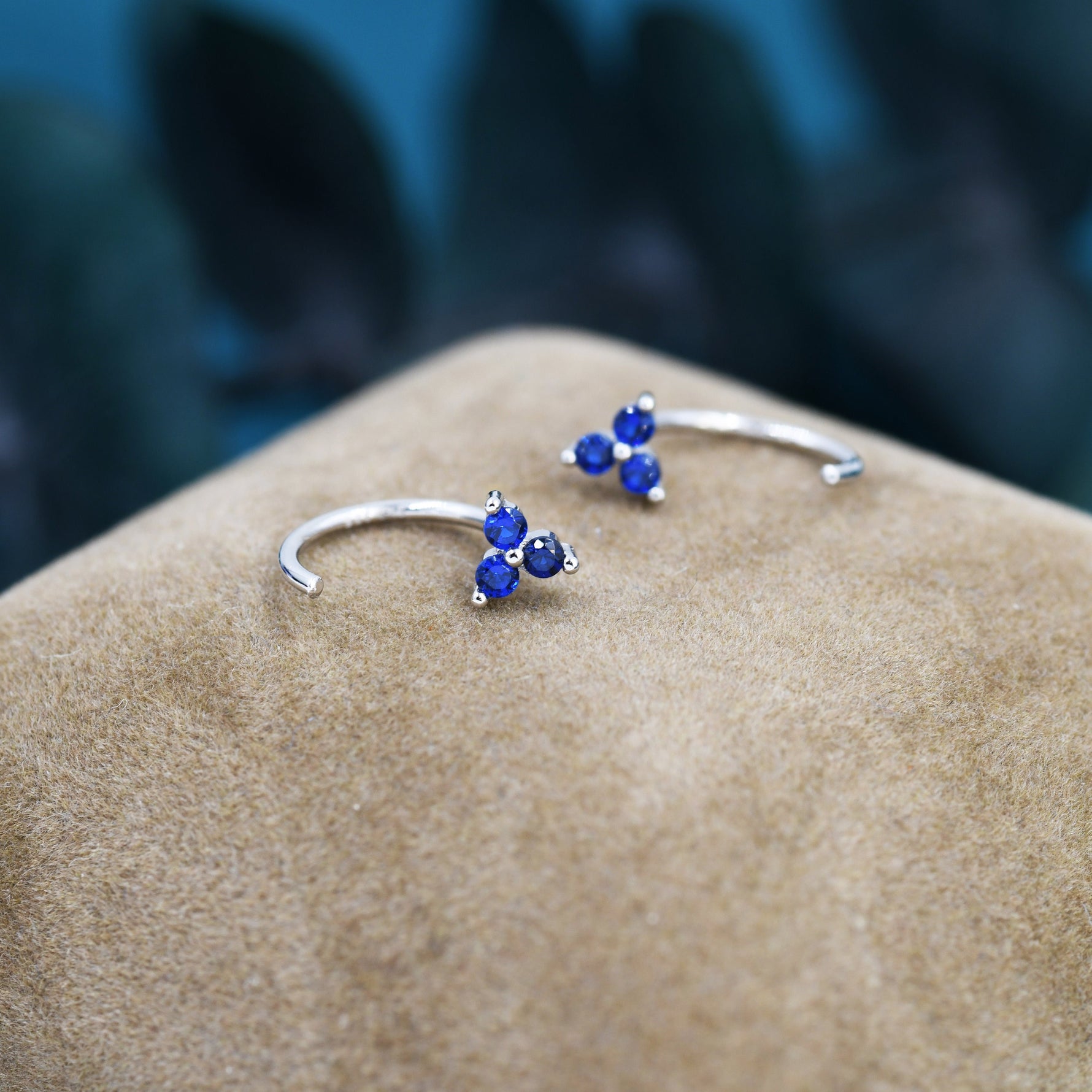 Sapphire Blue CZ Flower Huggie Hoop Earrings in Sterling Silver, Tiny Blue CZ Trio Open Hoops, Pull Through Threaders, Half Hoops, C Shape