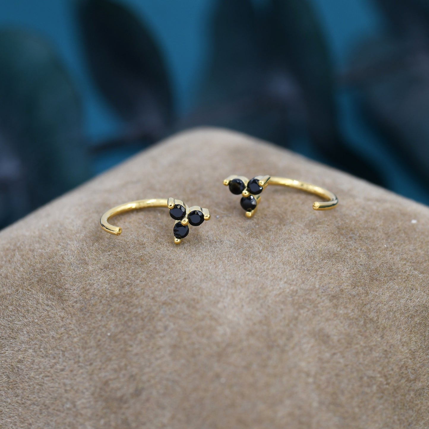 Black CZ Flower Huggie Hoop Earrings in Sterling Silver, Tiny Black CZ Trio Open Hoops, Pull Through Threaders, Half Hoops, C Shape