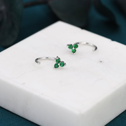 Emerald Green CZ Flower Huggie Hoop Earrings in Sterling Silver, Tiny Green CZ Trio Open Hoops, Pull Through Threaders, Half Hoops, C Shape