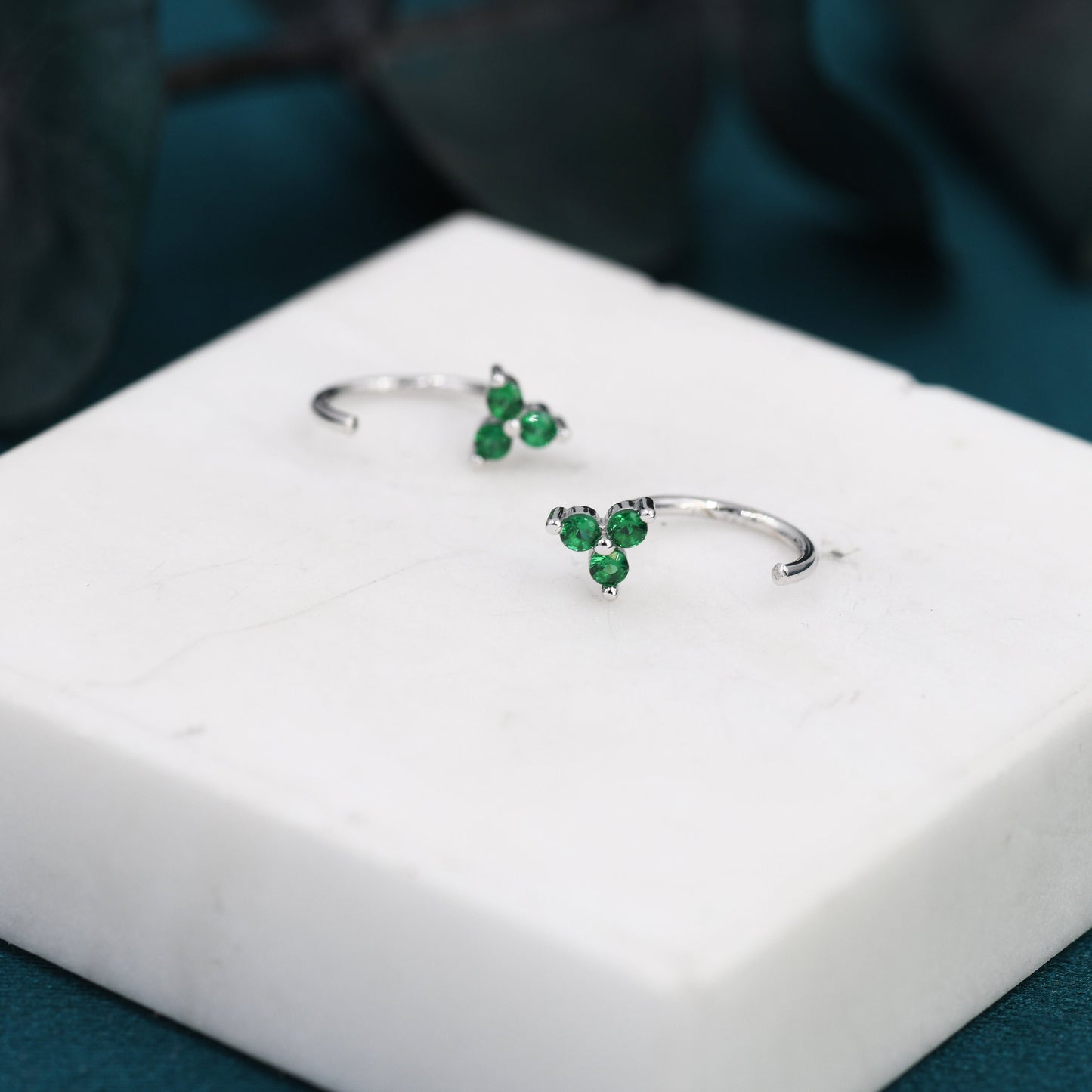 Emerald Green CZ Flower Huggie Hoop Earrings in Sterling Silver, Tiny Green CZ Trio Open Hoops, Pull Through Threaders, Half Hoops, C Shape