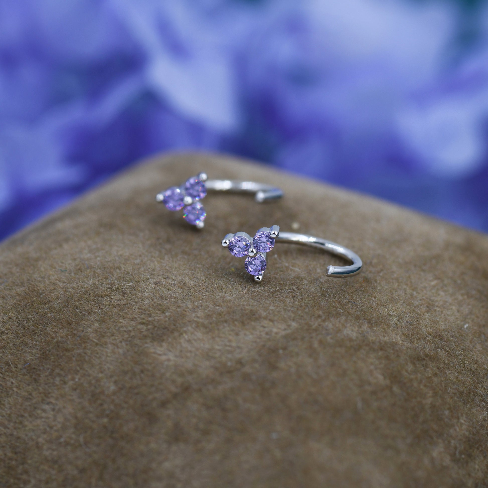 Amethyst Purple CZ Flower Huggie Hoop Earrings in Sterling Silver, Tiny CZ Trio Open Hoops, Pull Through Threaders, Half Hoops, C Shape