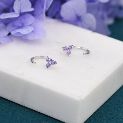 Amethyst Purple CZ Flower Huggie Hoop Earrings in Sterling Silver, Tiny CZ Trio Open Hoops, Pull Through Threaders, Half Hoops, C Shape