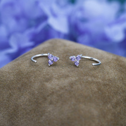 Amethyst Purple CZ Flower Huggie Hoop Earrings in Sterling Silver, Tiny CZ Trio Open Hoops, Pull Through Threaders, Half Hoops, C Shape